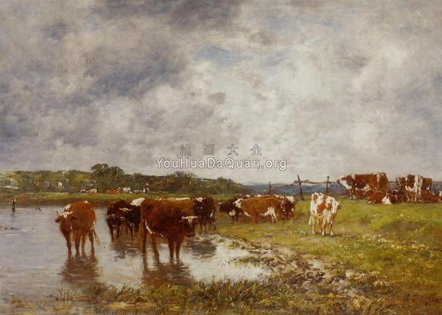Cows in a Meadow on the Banks of the Toques - 尤金·布丹